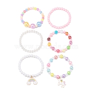 6Pcs Acrylic Beaded Stretch Bracelets Sets, Kid Bracelets for Girls, with Alloy Enamel Pendants, ABS Plastic Imitation Pearl Beads and Elastic Crystal Thread, Mixed Color, Inner Diameter: 1-3/4 inch(4.5cm)(BJEW-JB08728)