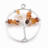 Brass Wire Wrapped Pendants, with Dyed Natural Carnelian Chip Beads, Ring with Tree, Platinum, 35x30x5~10mm, Hole: 1mm(G-T110-02D)