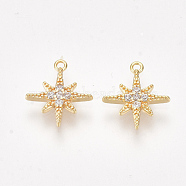 Brass Cubic Zirconia Charms, Star, Clear, Nickel Free, Real 18K Gold Plated, 11x9.5x1.5mm, Hole: 0.8mm(KK-S350-281)