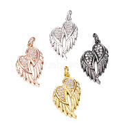Brass Micro Pave Cubic Zirconia Pendants, Wing, Mixed Color, 22x13x3mm, Hole: 3mm(ZIRC-P060-23)