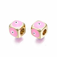 Brass European Beads, with Enamel, Large Hole Beads, Real 18K Gold Plated, Nickel Free, Cube with Evil Eye, Pearl Pink, 9x10x10mm, Hole: 4mm(KK-S362-044E-NF)