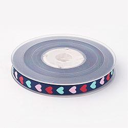 Polyester Grosgrain Ribbon, with Heart Printed, Midnight Blue, 3/8 inch(9mm), about 100yards/roll(91.44m/roll)(SRIB-D060-9mm-05)
