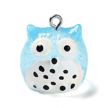 Translucent Resin Pendants, Owl Charms with Platinum Plated Iron Loops, Sky Blue, 21x20x19.5mm, Hole: 2mm