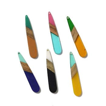 Opaque Resin & Walnut Wood Pendants, Teardrop Charms, Mixed Color, 43.5~44x7.5x3mm, Hole: 1.5mm