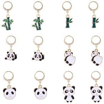 Panda Bamboo Alloy Enamel Pendant Decoration, 304 Stainless Steel Leverback Hoop Charms, Mixed Color, 16~27mm, 6 style, 2pcs/style, 12pcs/set