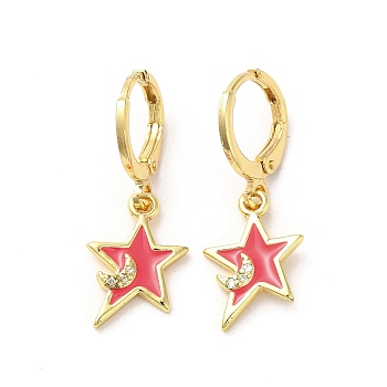 Star & Moon Real 18K Gold Plated Brass Dangle Leverback Earrings, with Enamel and Cubic Zirconia, Red, 25.5x11mm