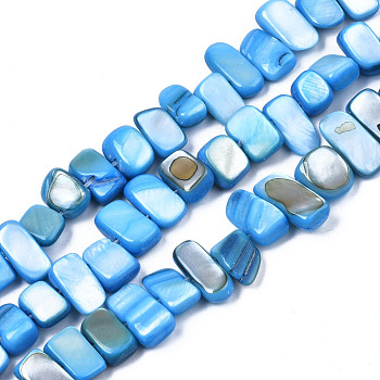 Natural Trochid Shell/Trochus Shell Beads Strands, Dyed, Rectangle, Deep Sky Blue, 6~11x6~36x1~7mm, Hole: 1mm, about 45~55pcs/strand, 14.96 inch~15.35 inch(38cm~39cm)