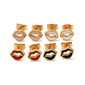 Enamel Lip Stud Earrings with 316 Surgical Stainless Steel Pins, Gold Plated 304 Stainless Steel Jewelry for Women, Mixed Color, 7x8.5mm, Pin: 0.8mm