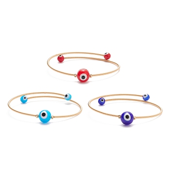 Lampwork Round with Evil Eye Beaded Cuff Bangle, Gold Plated Copper Torque Bangle for Women, Mixed Color, Inner Diameter: 2-1/4 inch(5.6cm)