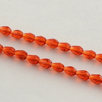 Transparent Glass Bead Strands, Faceted, teardrop, Orange Red, 5x3mm, Hole: 1mm, about 99~101pcs/Strand, 19.7 inch