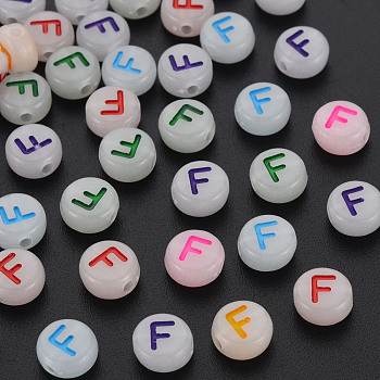 Acrylic Beads, Glow in the Dark, with Enamel and Luminous, Horizontal Hole, Flat Round with Alphabet, Letter.F, 6.5x7x4mm, Hole: 1.6mm, about 3600pcs/500g