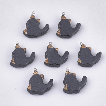 Handmade Porcelain Kitten Pendants, Frosted, with Brass Findings, Cat Back Shape, Platinum, Gray, 24~25x20~21x6mm, Hole: 1.5mm
