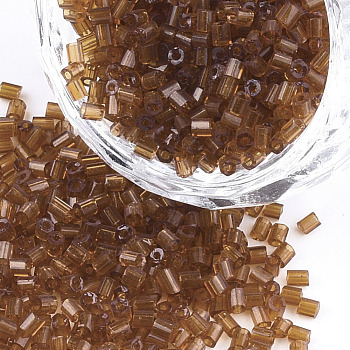 Grade A Glass Seed Beads, Hexagon(Two Cut), Transparent Colours, Saddle Brown, 1.5~2.5x1.5~2mm, Hole: 0.8mm, about 2100pcs/bag, 450g/bag
