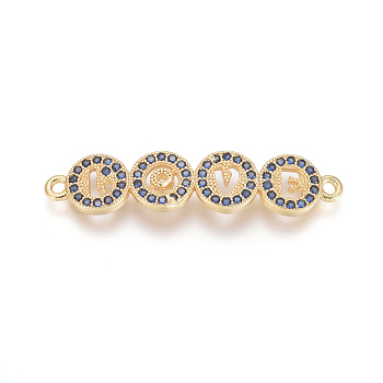 Brass Micro Pave Cubic Zirconia Links connectors, Flat Round with Word Love, Blue, Golden, 7.5x34x3mm, Hole: 1.2mm