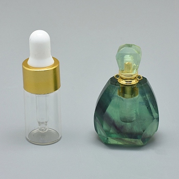 Faceted Natural Fluorite Openable Perfume Bottle Pendants, with Brass Findings and Glass Essential Oil Bottles, 44~50x28x18.5~20.5mm, Hole: 1.2mm, Glass Bottle Capacity: 3ml(0.101 fl. oz), Gemstone Capacity: 1ml(0.03 fl. oz)
