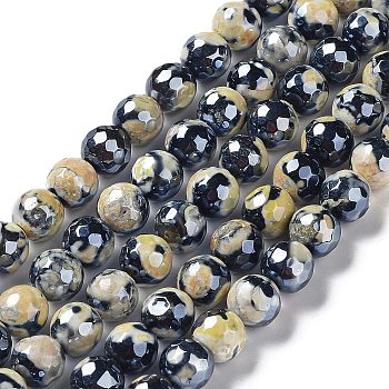 Electroplate Natural Fire Crackle Agate Beads Strands, Dyed & Heated, Faceted Round, Champagne Yellow, 8mm, Hole: 1mm, about 47~48pcs/strand, 14.37~14.88 inch(36.5~37.8cm)