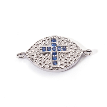 Brass Micro Pave Cubic Zirconia Links connectors, Horse Eye with Cross, Blue, Platinum, 10.5x21x2mm, Hole: 1.2mm