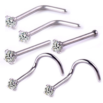 6Pcs 6 Style Clear Cubic Zirconia Nose Studs, 316 Surgical Stainless Steel Fishtail & L-shape & Nose Bone Rings, Nose Piercing Jewelry for Women, Stainless Steel Color, 7~8mm, Pin: 0.8mm, 1Pc/style