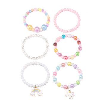 6Pcs Acrylic Beaded Stretch Bracelets Sets, Kid Bracelets for Girls, with Alloy Enamel Pendants, ABS Plastic Imitation Pearl Beads and Elastic Crystal Thread, Mixed Color, Inner Diameter: 1-3/4 inch(4.5cm)