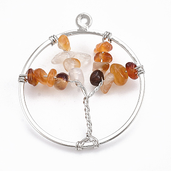 Brass Wire Wrapped Pendants, with Dyed Natural Carnelian Chip Beads, Ring with Tree, Platinum, 35x30x5~10mm, Hole: 1mm