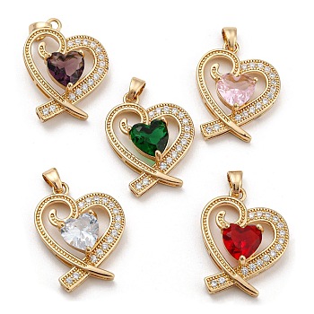 Brass Rhinestone Pendants, with Glass, Golden Tone Heart Charms, Mixed Color, 24x18.5x6.5mm, Hole: 5x2.5mm