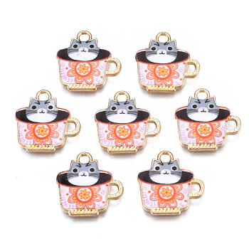 Rack Plating Alloy Enamel Charms, Free & Nickel Free & Lead Free, Cup with Cat, Light Coral, 15x15x1.9mm, Hole: 1.8mm