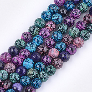 Natural Fire Crackle Agate Beads Strands, Dyed, Round, Mixed Color, 8x7.5~8mm, Hole: 1mm, about 48~49pcs/strand, 14.3 inch