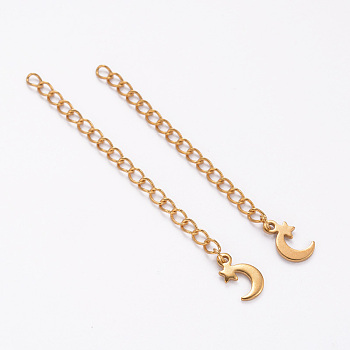 Ion Plating(IP) 304 Stainless Steel Chain Extender, with Moon Charms, Golden, 62~70mm, Ring: 4x3x0.5mm, Moon: 11x7x1mm, ring: 4x3x0.5mm, moon: 11x7x1mm.