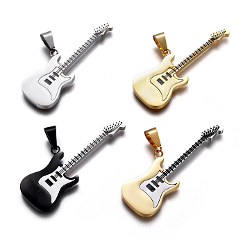 304 Stainless Steel Pendants, with Enamel, Guitar, Mixed Color, 17x53x2mm, Hole: 9x4mm