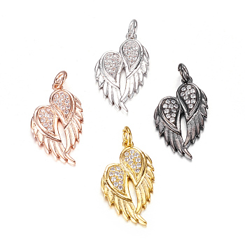 Brass Micro Pave Cubic Zirconia Pendants, Wing, Mixed Color, 22x13x3mm, Hole: 3mm