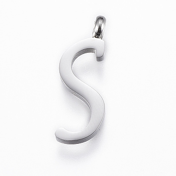 304 Stainless Steel Pendants, Initial Letter, Letter.S, Stainless Steel Color, 18x6.5x2mm, Hole: 2mm