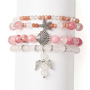 4Pcs 4 Style Natural Mixed Gemstone Beaded Stretch Bracelets Set, Shell & Starfish & Fairy Alloy Charms Stackable Bracelets for Women, Inner Diameter: 2~2-1/4 inch(5.2~5.6cm), 1Pc/style(BJEW-JB09263)