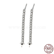 Rhodium Plated 925 Sterling Silver Micro Pave Clear Cubic Zirconia Stud Earring Findings, for Half Drilled Beads, with S925 Stamp, Real Platinum Plated, 27.5x2mm, Pin: 10.5x0.7mm and 0.7mm(STER-Q192-26P)