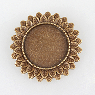 Vintage Alloy Brooch Cabochon Bezel Settings, with Iron Pin Brooch Back Bar Findings, Flower, Cadmium Free & Nickel Free & Lead Free, Antique Bronze, Flat Round Tray: 20mm, 33x2mm, Pin: 0.6mm(X-PALLOY-N0085-38AB-NF)