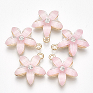 Alloy Pendants, with Resin and Rhinestone, Flower, Crystal, Light Gold, Pink, 21.5x18.5x5mm, Hole: 1.5mm(X-PALLOY-S177-01D)