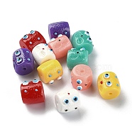 Opaque Resin Beads, Column with Enamel Cartoon Face, Mixed Color, 13x12x13.5mm, Hole: 1.8mm(RESI-R435-01)