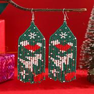 Festive Tassel Dangle Earrings, with Christmas Socks and Tree Design, Glass Beads Handmade Jewelry, Platinum, Green, 97x34mm(VF8792)