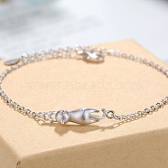 Brass Link Bracelets, with Frosted Surface Cat Link, Platinum, 6-7/8 inch(17.5cm)(BJEW-BB63863-B)
