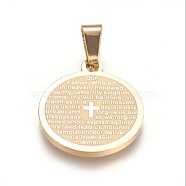 304 Stainless Steel Pendants, Flat Round with Lord's Prayer Cross, Golden, 21x18x1.5mm, Hole: 6x4mm(STAS-I131-10G)