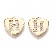 Brass Micro Pave Clear Cubic Zirconia Charms, Nickel Free, Real 18K Gold Plated, Flat Heart, Letter.H, 10x10x1mm, Hole: 1mm(KK-N231-234H-NF)