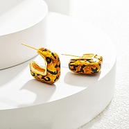 Leopard Print Brass Enamel Stud Earrings for Women, Real 22K Gold Plated, Square, 18x18.5mm(EJEW-U055-12A-G)