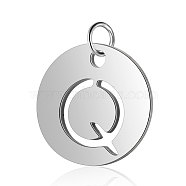 304 Stainless Steel Charms, Flat Round with Letter, Stainless Steel Color, Letter.Q, 12x1mm, Hole: 2.5mm(STAS-S105-T514S-Q)