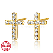 925 Sterling Silver Rhinestone Stud Earrings, Real 18K Gold Plated, with with S925 Stamp, Cross, 10x8mm(YM3163-4)