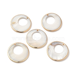 Electroplated Natural Freshwater Shell Pendants with Golden Plated Brass Edge, Flat Round Charms, WhiteSmoke, 30x2~2.5mm, Hole: 1.4mm(SHEL-M019-02G)