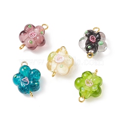 Handmade Lampwork Connector Charms, with Golden Tone Brass Double Loops, Flower, Mixed Color, 19.5x14.5x8mm, Hole: 1.8mm(PALLOY-JF01807)