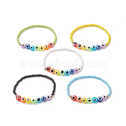 Glass Seed & Evil Eye Resin & Brass Beaded Stretch Bracelets for Women, Mixed Color, Inner Diameter: 2-1/8 inch(5.5cm)(BJEW-JB09271)