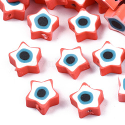 Handmade Polymer Clay Beads, Star with Evil Eye, Red, 9x9x3.5~4.5mm, Hole: 1.4mm(CLAY-T019-09G)