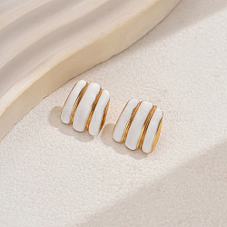 Stainless Steel Stud Earrings, with Enamel Lines, Geometric Design, Golden, White, 16x19mm(CI1817-1)