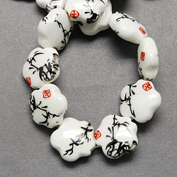 Handmade Printed Porcelain Beads, Flower, Black, 14x15x6mm, Hole: 3mm(PORC-Q166-2)
