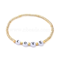 Glass Seed Beads Stretch Bracelets, for Valentine's Day, with Acrylic Beads and Golden Plated Brass Spacer Beads, Word Love, Gold, Inner Diameter: 2-1/4 inch(5.6cm)(BJEW-JB05245-01)